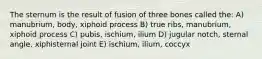 The sternum is the result of fusion of three bones called the: A) manubrium, body, xiphoid process B) true ribs, manubrium, xiphoid process C) pubis, ischium, ilium D) jugular notch, sternal angle, xiphisternal joint E) ischium, ilium, coccyx