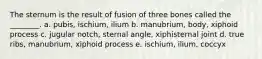 The sternum is the result of fusion of three bones called the ________. a. pubis, ischium, ilium b. manubrium, body, xiphoid process c. jugular notch, sternal angle, xiphisternal joint d. true ribs, manubrium, xiphoid process e. ischium, ilium, coccyx