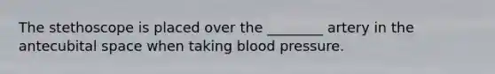 The stethoscope is placed over the ________ artery in the antecubital space when taking blood pressure.