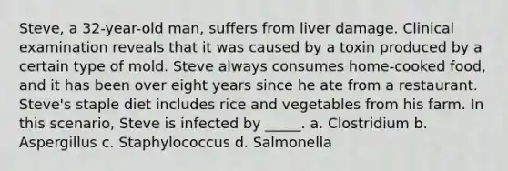 Steve, a 32-year-old man, suffers from liver damage. Clinical examination reveals that it was caused by a toxin produced by a certain type of mold. Steve always consumes home-cooked food, and it has been over eight years since he ate from a restaurant. Steve's staple diet includes rice and vegetables from his farm. In this scenario, Steve is infected by _____. a. Clostridium b. Aspergillus c. Staphylococcus d. Salmonella