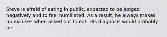 Steve is afraid of eating in public, expected to be judged negatively and to feel humiliated. As a result, he always makes up excuses when asked out to eat. His diagnosis would probably be: