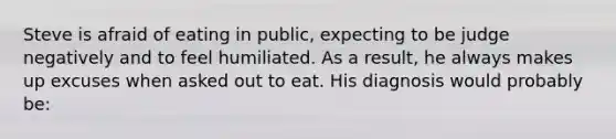 Steve is afraid of eating in public, expecting to be judge negatively and to feel humiliated. As a result, he always makes up excuses when asked out to eat. His diagnosis would probably be: