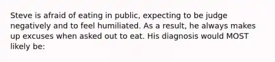 Steve is afraid of eating in public, expecting to be judge negatively and to feel humiliated. As a result, he always makes up excuses when asked out to eat. His diagnosis would MOST likely be: