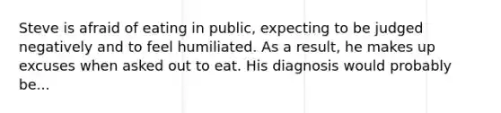 Steve is afraid of eating in public, expecting to be judged negatively and to feel humiliated. As a result, he makes up excuses when asked out to eat. His diagnosis would probably be...