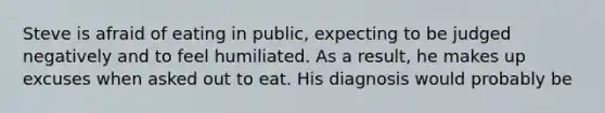 Steve is afraid of eating in public, expecting to be judged negatively and to feel humiliated. As a result, he makes up excuses when asked out to eat. His diagnosis would probably be