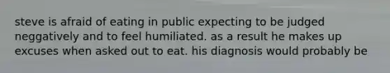 steve is afraid of eating in public expecting to be judged neggatively and to feel humiliated. as a result he makes up excuses when asked out to eat. his diagnosis would probably be