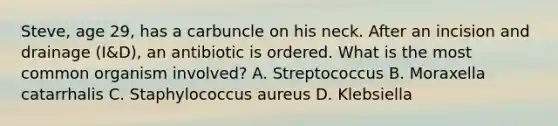 Steve, age 29, has a carbuncle on his neck. After an incision and drainage (I&D), an antibiotic is ordered. What is the most common organism involved? A. Streptococcus B. Moraxella catarrhalis C. Staphylococcus aureus D. Klebsiella