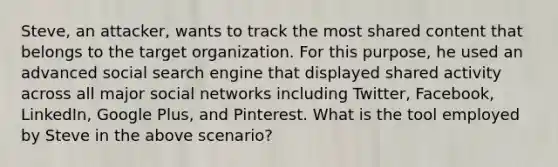 Steve, an attacker, wants to track the most shared content that belongs to the target organization. For this purpose, he used an advanced social search engine that displayed shared activity across all major social networks including Twitter, Facebook, LinkedIn, Google Plus, and Pinterest. What is the tool employed by Steve in the above scenario?