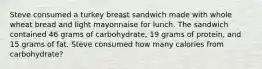 Steve consumed a turkey breast sandwich made with whole wheat bread and light mayonnaise for lunch. The sandwich contained 46 grams of carbohydrate, 19 grams of protein, and 15 grams of fat. Steve consumed how many calories from carbohydrate?