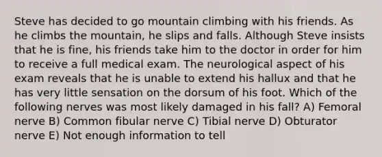 Steve has decided to go mountain climbing with his friends. As he climbs the mountain, he slips and falls. Although Steve insists that he is fine, his friends take him to the doctor in order for him to receive a full medical exam. The neurological aspect of his exam reveals that he is unable to extend his hallux and that he has very little sensation on the dorsum of his foot. Which of the following nerves was most likely damaged in his fall? A) Femoral nerve B) Common fibular nerve C) Tibial nerve D) Obturator nerve E) Not enough information to tell