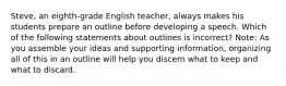 Steve, an eighth-grade English teacher, always makes his students prepare an outline before developing a speech. Which of the following statements about outlines is incorrect? Note: As you assemble your ideas and supporting information, organizing all of this in an outline will help you discern what to keep and what to discard.