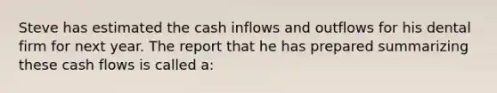 Steve has estimated the cash inflows and outflows for his dental firm for next year. The report that he has prepared summarizing these cash flows is called a: