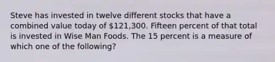 Steve has invested in twelve different stocks that have a combined value today of 121,300. Fifteen percent of that total is invested in Wise Man Foods. The 15 percent is a measure of which one of the following?