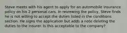 Steve meets with his agent to apply for an automobile insurance policy on his 2 personal cars. In reviewing the policy, Steve finds he is not willing to accept the duties listed in the conditions section. He signs the application but adds a note deleting the duties to the insurer. Is this acceptable to the company?