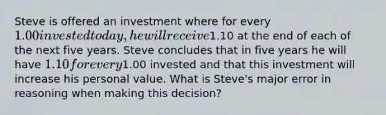 Steve is offered an investment where for every 1.00 invested today, he will receive1.10 at the end of each of the next five years. Steve concludes that in five years he will have 1.10 for every1.00 invested and that this investment will increase his personal value. What is Steve's major error in reasoning when making this decision?