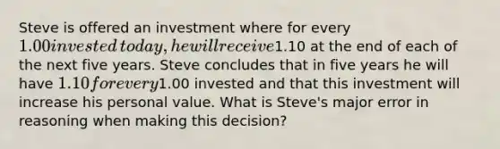 Steve is offered an investment where for every​ 1.00 invested​ today, he will receive​1.10 at the end of each of the next five years. Steve concludes that in five years he will have​ 1.10 for every​1.00 invested and that this investment will increase his personal value. What is​ Steve's major error in reasoning when making this​ decision?