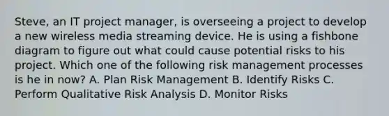 Steve, an IT project manager, is overseeing a project to develop a new wireless media streaming device. He is using a fishbone diagram to figure out what could cause potential risks to his project. Which one of the following risk management processes is he in now? A. Plan Risk Management B. Identify Risks C. Perform Qualitative Risk Analysis D. Monitor Risks