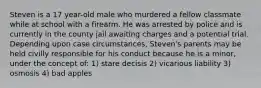 Steven is a 17 year-old male who murdered a fellow classmate while at school with a firearm. He was arrested by police and is currently in the county jail awaiting charges and a potential trial. Depending upon case circumstances, Steven's parents may be held civilly responsible for his conduct because he is a minor, under the concept of: 1) stare decisis 2) vicarious liability 3) osmosis 4) bad apples