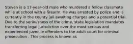 Steven is a 17-year-old male who murdered a fellow classmate while at school with a firearm. He was arrested by police and is currently in the county jail awaiting charges and a potential trial. Due to the seriousness of the crime, state legislation mandates transferring legal jurisdiction over the most serious and experienced juvenile offenders to the adult court for criminal prosecution . This process is known as