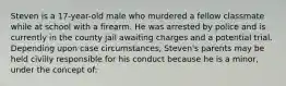 Steven is a 17-year-old male who murdered a fellow classmate while at school with a firearm. He was arrested by police and is currently in the county jail awaiting charges and a potential trial. Depending upon case circumstances, Steven's parents may be held civilly responsible for his conduct because he is a minor, under the concept of: