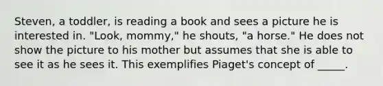 Steven, a toddler, is reading a book and sees a picture he is interested in. "Look, mommy," he shouts, "a horse." He does not show the picture to his mother but assumes that she is able to see it as he sees it. This exemplifies Piaget's concept of _____.