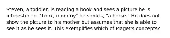 Steven, a toddler, is reading a book and sees a picture he is interested in. "Look, mommy" he shouts, "a horse." He does not show the picture to his mother but assumes that she is able to see it as he sees it. This exemplifies which of Piaget's concepts?