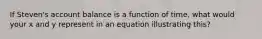 If Steven's account balance is a function of time, what would your x and y represent in an equation illustrating this?