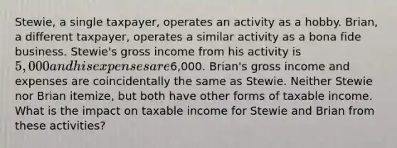 Stewie, a single taxpayer, operates an activity as a hobby. Brian, a different taxpayer, operates a similar activity as a bona fide business. Stewie's gross income from his activity is 5,000 and his expenses are6,000. Brian's gross income and expenses are coincidentally the same as Stewie. Neither Stewie nor Brian itemize, but both have other forms of taxable income. What is the impact on taxable income for Stewie and Brian from these activities?