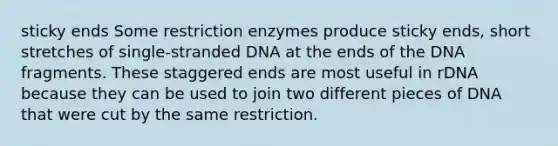 sticky ends Some restriction enzymes produce sticky ends, short stretches of single-stranded DNA at the ends of the DNA fragments. These staggered ends are most useful in rDNA because they can be used to join two different pieces of DNA that were cut by the same restriction.