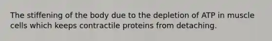 The stiffening of the body due to the depletion of ATP in muscle cells which keeps contractile proteins from detaching.