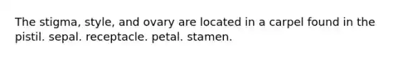 The stigma, style, and ovary are located in a carpel found in the pistil. sepal. receptacle. petal. stamen.