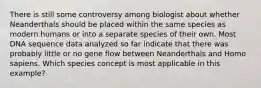 There is still some controversy among biologist about whether Neanderthals should be placed within the same species as modern humans or into a separate species of their own. Most DNA sequence data analyzed so far indicate that there was probably little or no gene flow between Neanderthals and Homo sapiens. Which species concept is most applicable in this example?