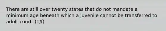 ​There are still over twenty states that do not mandate a minimum age beneath which a juvenile cannot be transferred to adult court. (T/f)