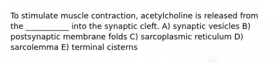 To stimulate muscle contraction, acetylcholine is released from the ___________ into the synaptic cleft. A) synaptic vesicles B) postsynaptic membrane folds C) sarcoplasmic reticulum D) sarcolemma E) terminal cisterns