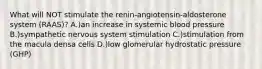 What will NOT stimulate the renin-angiotensin-aldosterone system (RAAS)? A.)an increase in systemic blood pressure B.)sympathetic nervous system stimulation C.)stimulation from the macula densa cells D.)low glomerular hydrostatic pressure (GHP)