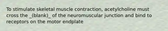 To stimulate skeletal muscle contraction, acetylcholine must cross the _(blank)_ of the neuromuscular junction and bind to receptors on the motor endplate