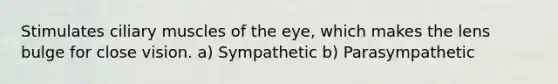 Stimulates ciliary muscles of the eye, which makes the lens bulge for close vision. a) Sympathetic b) Parasympathetic