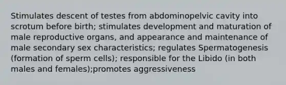 Stimulates descent of testes from abdominopelvic cavity into scrotum before birth; stimulates development and maturation of male reproductive organs, and appearance and maintenance of male secondary sex characteristics; regulates Spermatogenesis (formation of sperm cells); responsible for the Libido (in both males and females);promotes aggressiveness