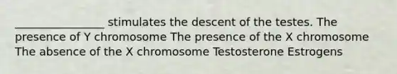 ________________ stimulates the descent of the testes. The presence of Y chromosome The presence of the X chromosome The absence of the X chromosome Testosterone Estrogens