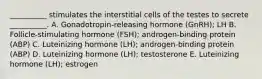 __________ stimulates the interstitial cells of the testes to secrete __________. A. Gonadotropin-releasing hormone (GnRH); LH B. Follicle-stimulating hormone (FSH); androgen-binding protein (ABP) C. Luteinizing hormone (LH); androgen-binding protein (ABP) D. Luteinizing hormone (LH); testosterone E. Luteinizing hormone (LH); estrogen