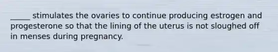 _____ stimulates the ovaries to continue producing estrogen and progesterone so that the lining of the uterus is not sloughed off in menses during pregnancy.