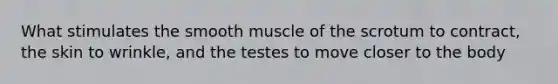 What stimulates the smooth muscle of the scrotum to contract, the skin to wrinkle, and the testes to move closer to the body