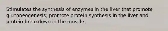 Stimulates the synthesis of enzymes in the liver that promote gluconeogenesis; promote protein synthesis in the liver and protein breakdown in the muscle.