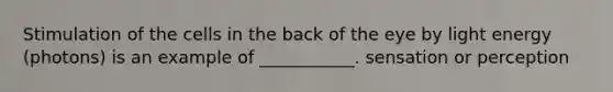 Stimulation of the cells in the back of the eye by light energy (photons) is an example of ___________. sensation or perception