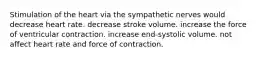 Stimulation of the heart via the sympathetic nerves would decrease heart rate. decrease stroke volume. increase the force of ventricular contraction. increase end-systolic volume. not affect heart rate and force of contraction.