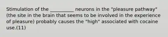 Stimulation of the __________ neurons in the "pleasure pathway" (the site in the brain that seems to be involved in the experience of pleasure) probably causes the "high" associated with cocaine use.(11)