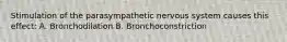 Stimulation of the parasympathetic nervous system causes this effect: A. Bronchodilation B. Bronchoconstriction