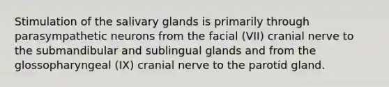 Stimulation of the salivary glands is primarily through parasympathetic neurons from the facial (VII) cranial nerve to the submandibular and sublingual glands and from the glossopharyngeal (IX) cranial nerve to the parotid gland.