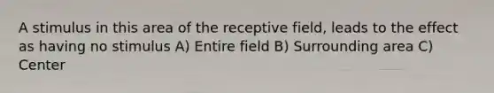 A stimulus in this area of the receptive field, leads to the effect as having no stimulus A) Entire field B) Surrounding area C) Center