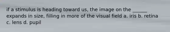 if a stimulus is heading toward us, the image on the ______ expands in size, filling in more of the visual field a. iris b. retina c. lens d. pupil